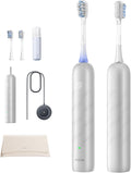 Mova Fresh Pro 3DClean Brosse à dents électrique avec application, Rechargeable pour adultes, 2 têtes de brosse et étui de voyage,tête de brosse de rechange 3-en-1, 30 jours d'autonomie,argenté