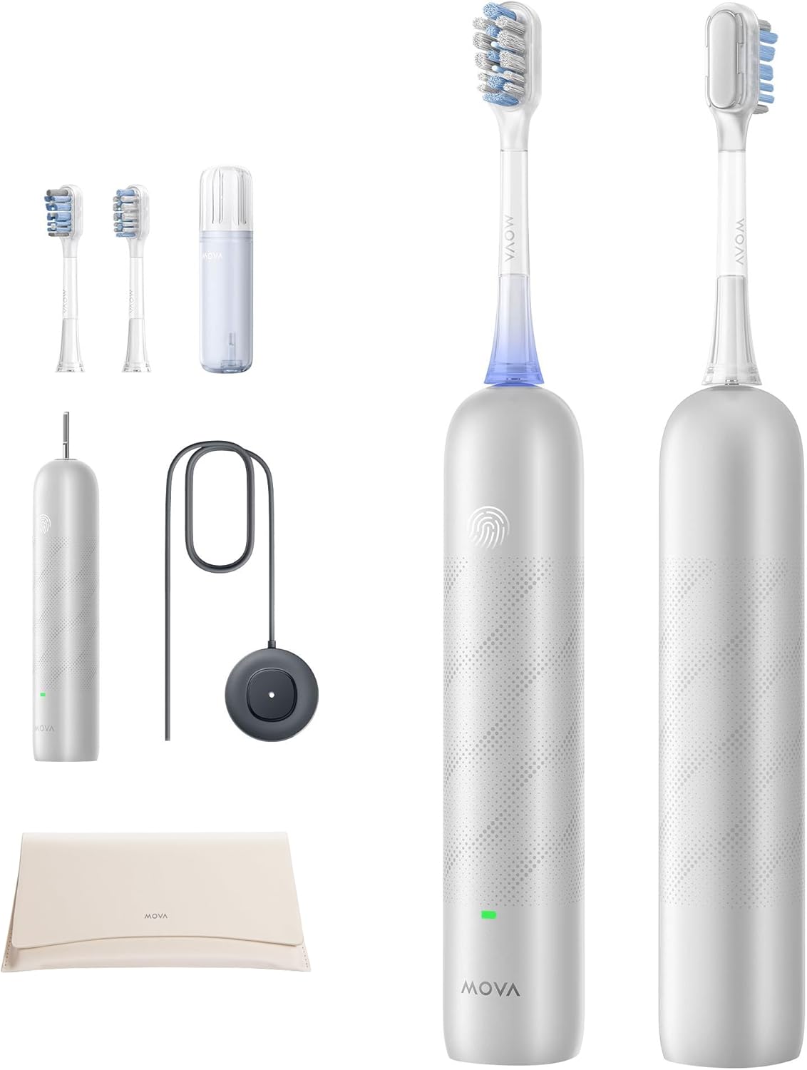 Mova Fresh Pro 3DClean Brosse à dents électrique avec application, Rechargeable pour adultes, 2 têtes de brosse et étui de voyage,tête de brosse de rechange 3-en-1, 30 jours d'autonomie,argenté