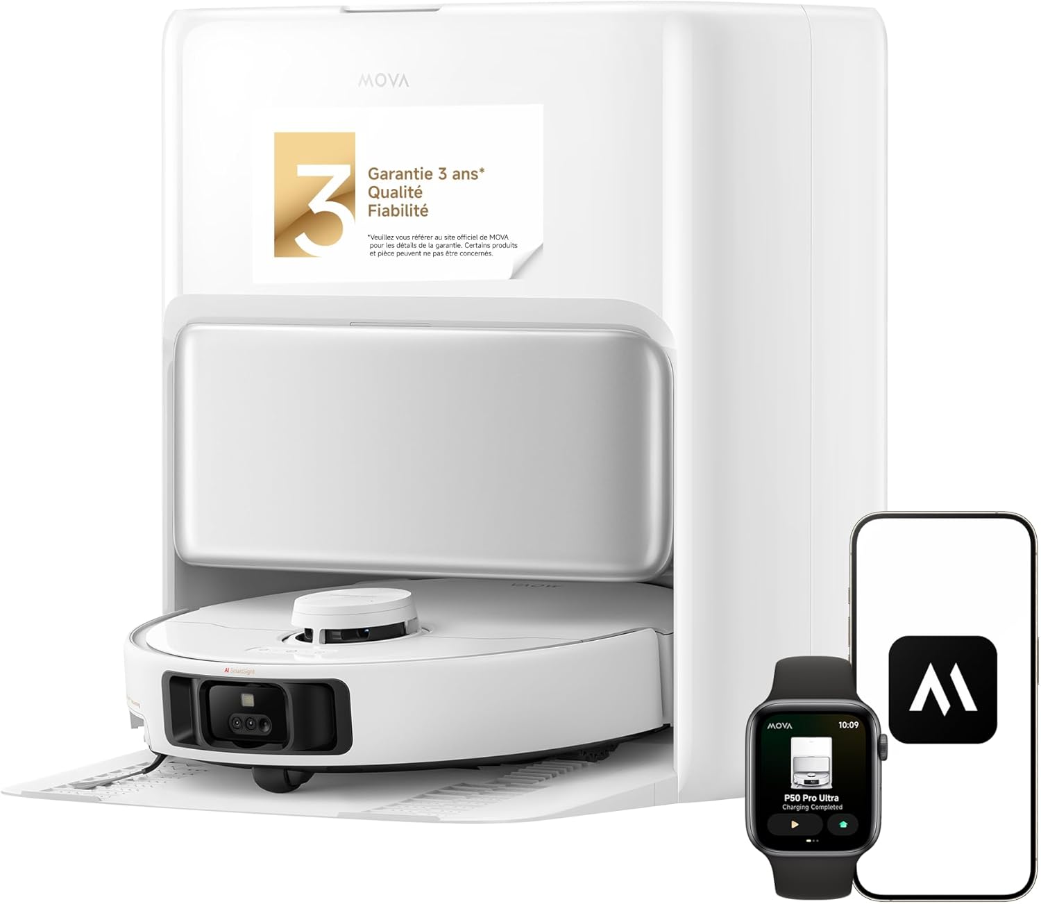 MOVA P50 Pro Ultra Robot aspirateur avec lingette adaptative, puissance d'aspiration de 19 000 Pa avec brosse anti-enchevêtrement, nettoyage automatique de la lingette et de la plaque de lavage à 75°C