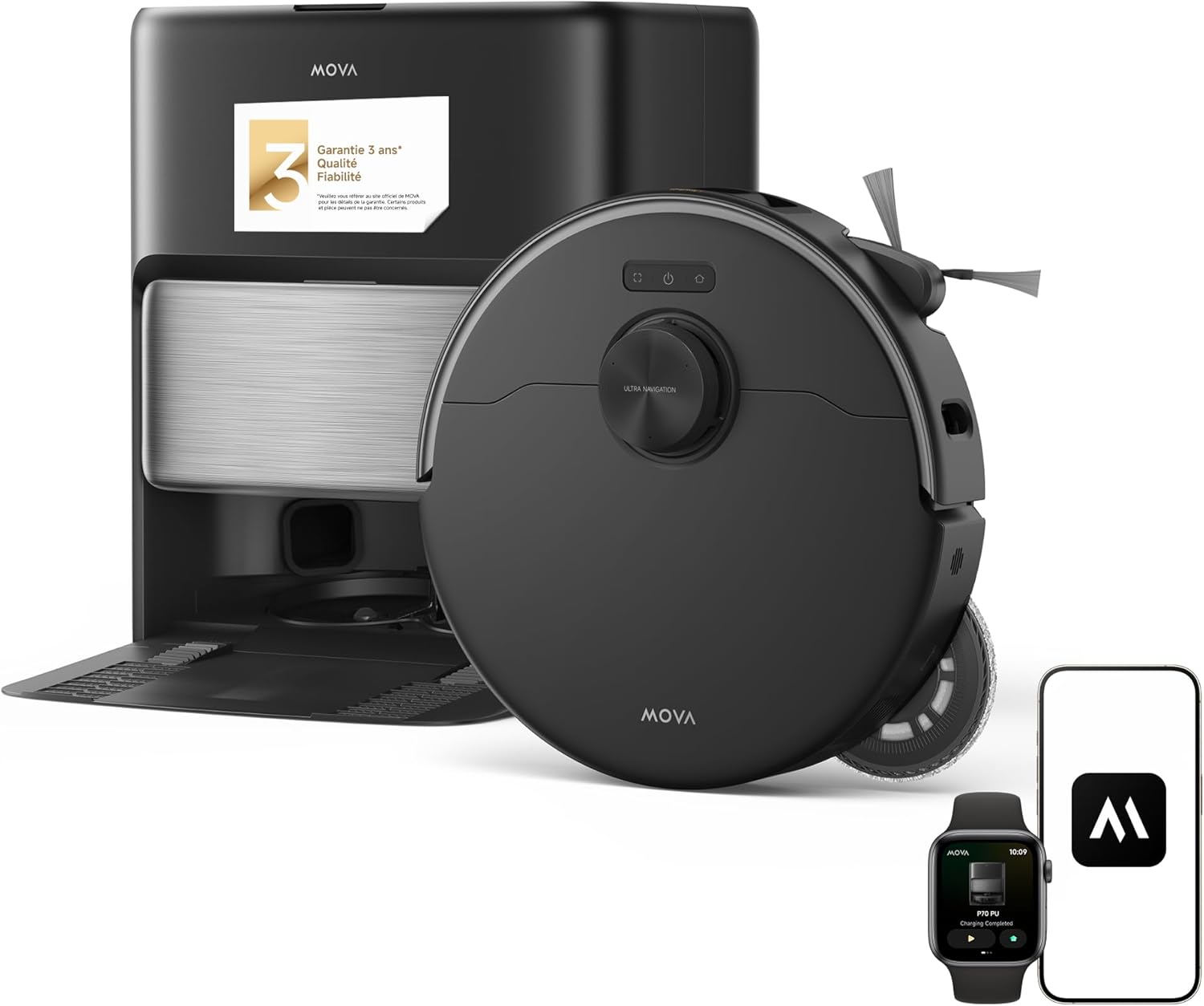 Mova Robot aspirateur et serpillère P70 Pro Ultra - Puissance d'aspiration 30 000 Pa - Moteur d'essuyage 260 tr/min - Pression du sol 12 N - Brosse latérale et serpillère extensible de manière