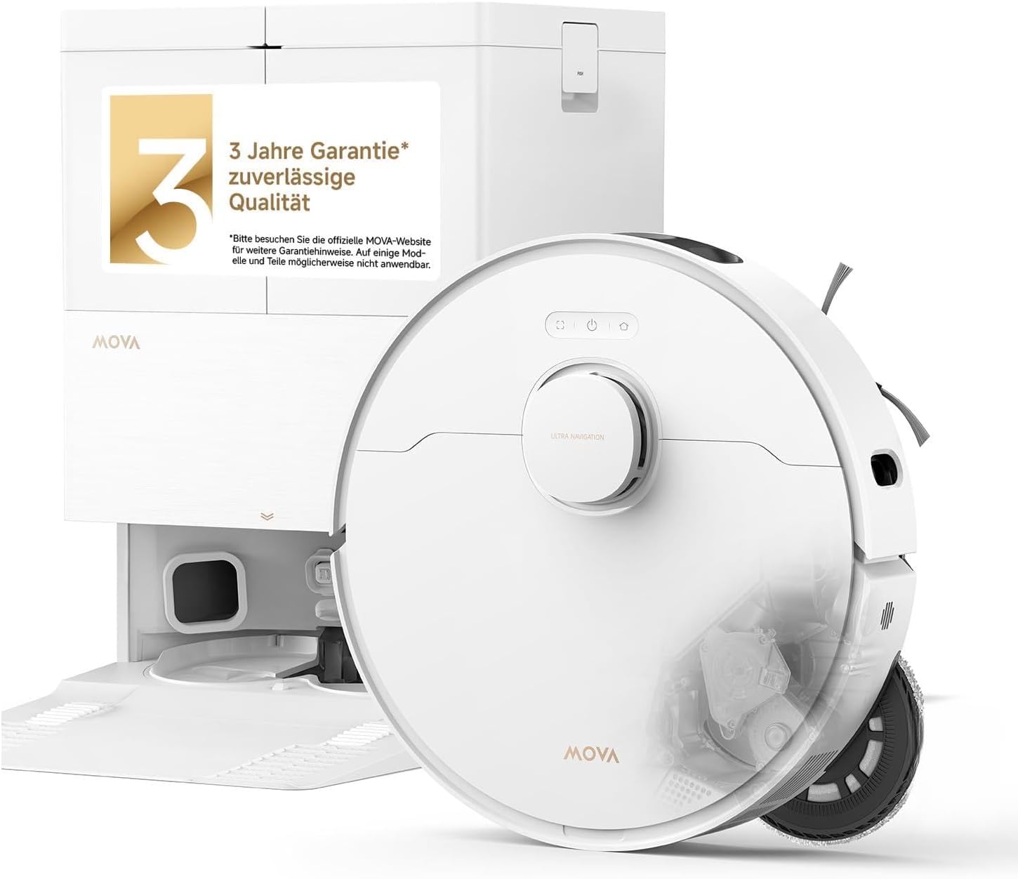 Mova Robot aspirateur E50 Pro Ultra avec aspiration de 30 000 Pa et pression d’appui de 12 N, auto-lavage de la serpillière à 100 °C, serpillière extensible,